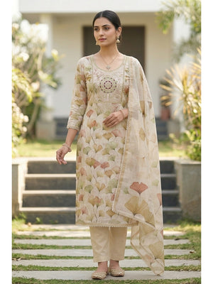 Peachmode Cream Pure Cotton Lilian Dress Material with Embroidered Dupatta - Image 1