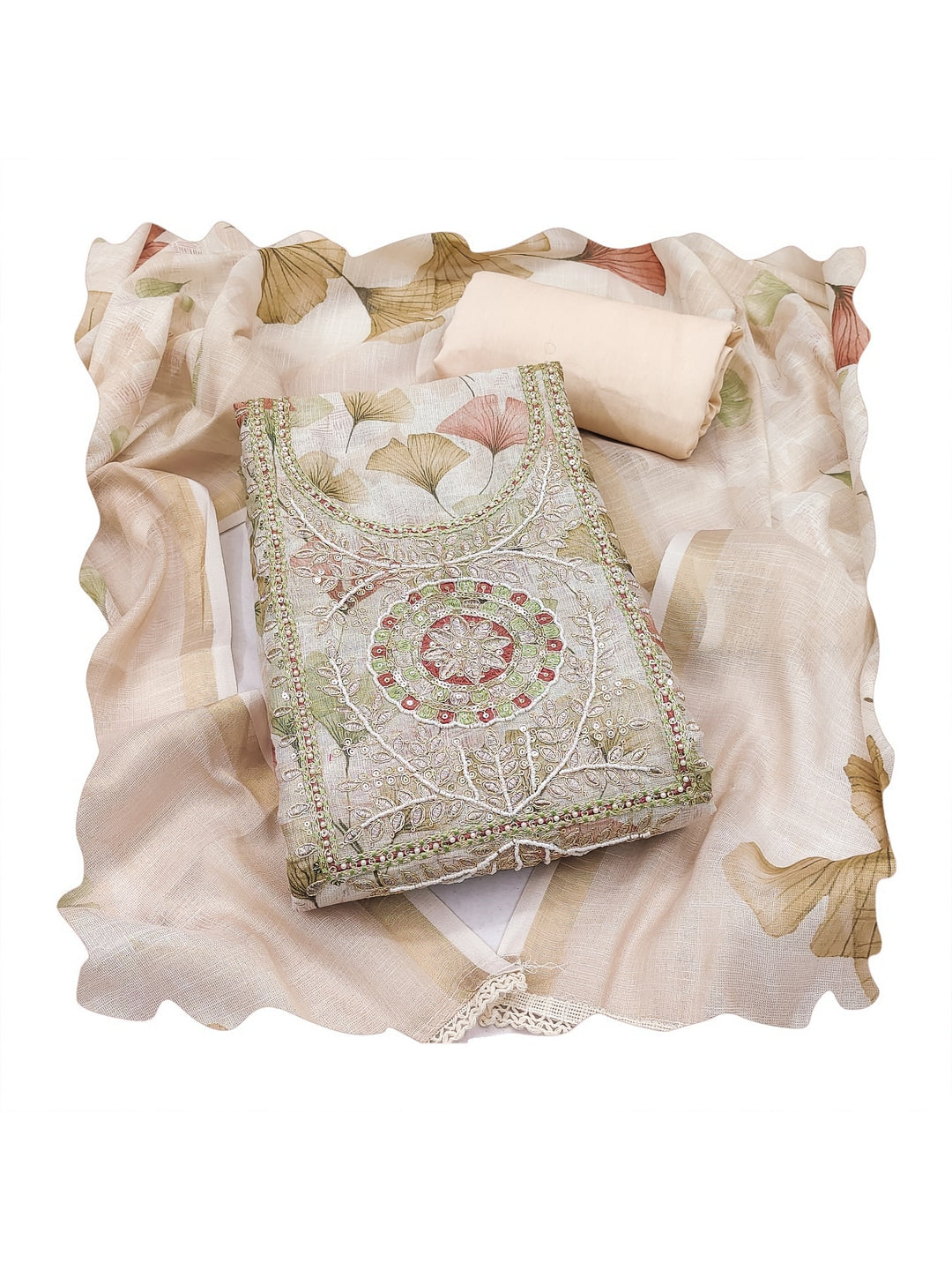 Peachmode Cream Pure Cotton Lilian Dress Material with Embroidered Dupatta - Image 2