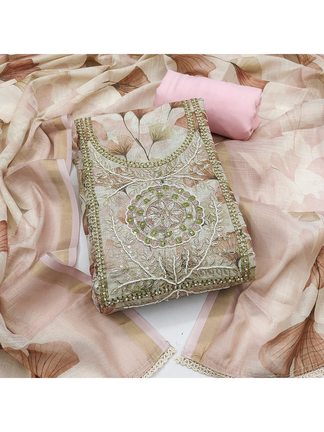 Peachmode Cream Pure Cotton Lilian Dress Material with Embroidered Dupatta - Image 1