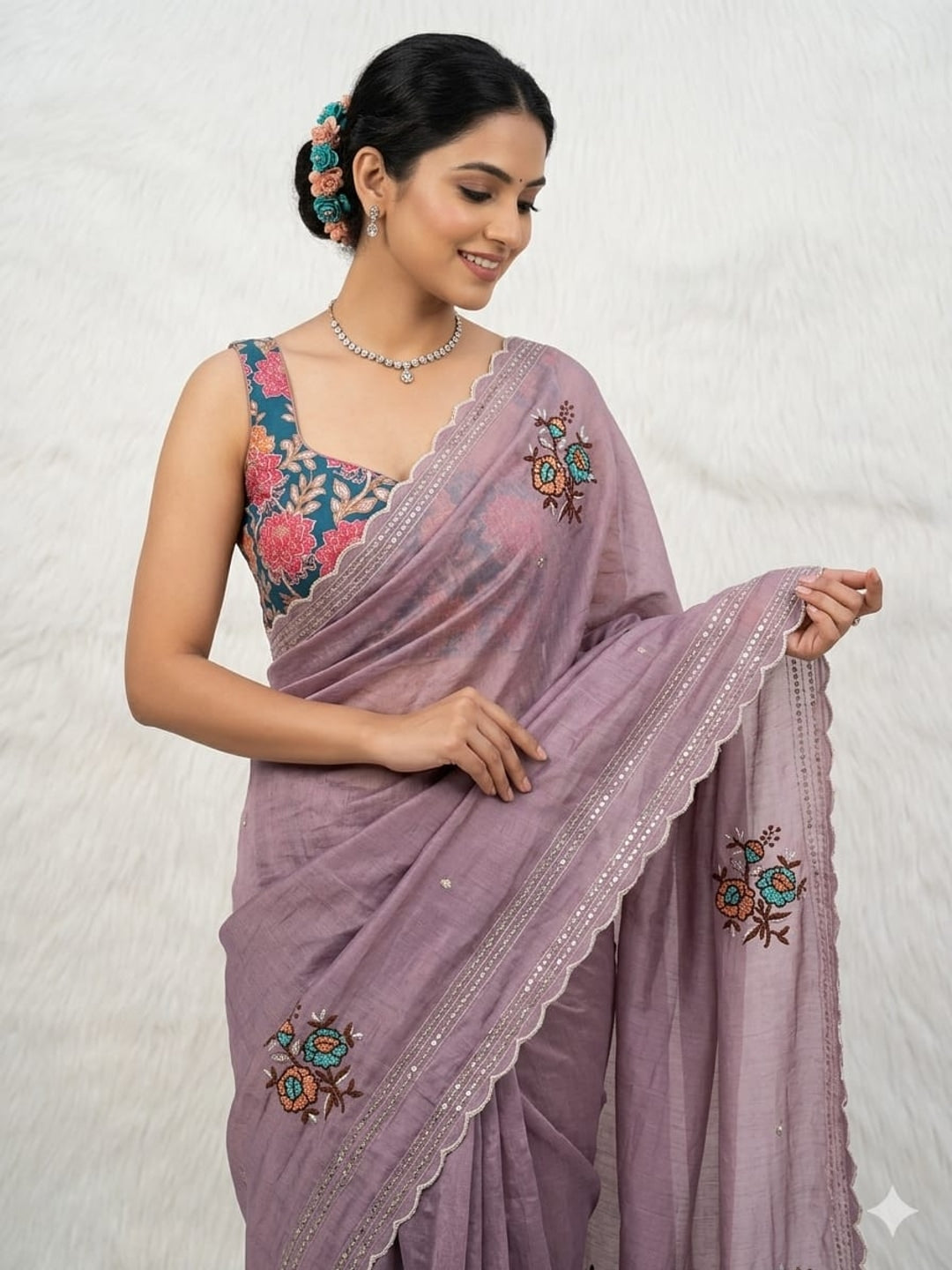 Peachmode Lavender Tana Bana Saree with Multi Embroidery Work - Image 1