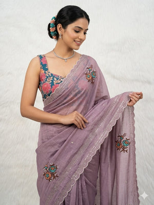 Peachmode Lavender Tana Bana Saree with Multi Embroidery Work - Image 1