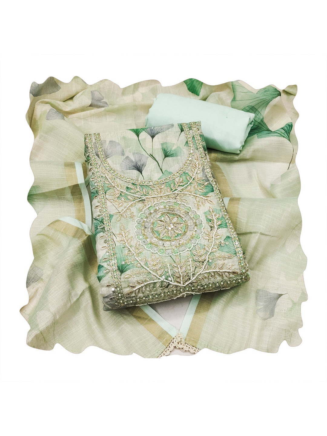 Peachmode Sea Green Pure Cotton Lilian Dress Material with Embroidered Dupatta - Image 2