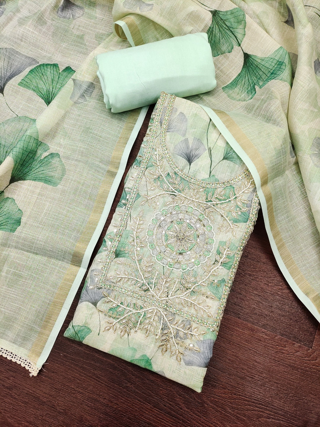 Peachmode Sea Green Pure Cotton Lilian Dress Material with Embroidered Dupatta - Image 4