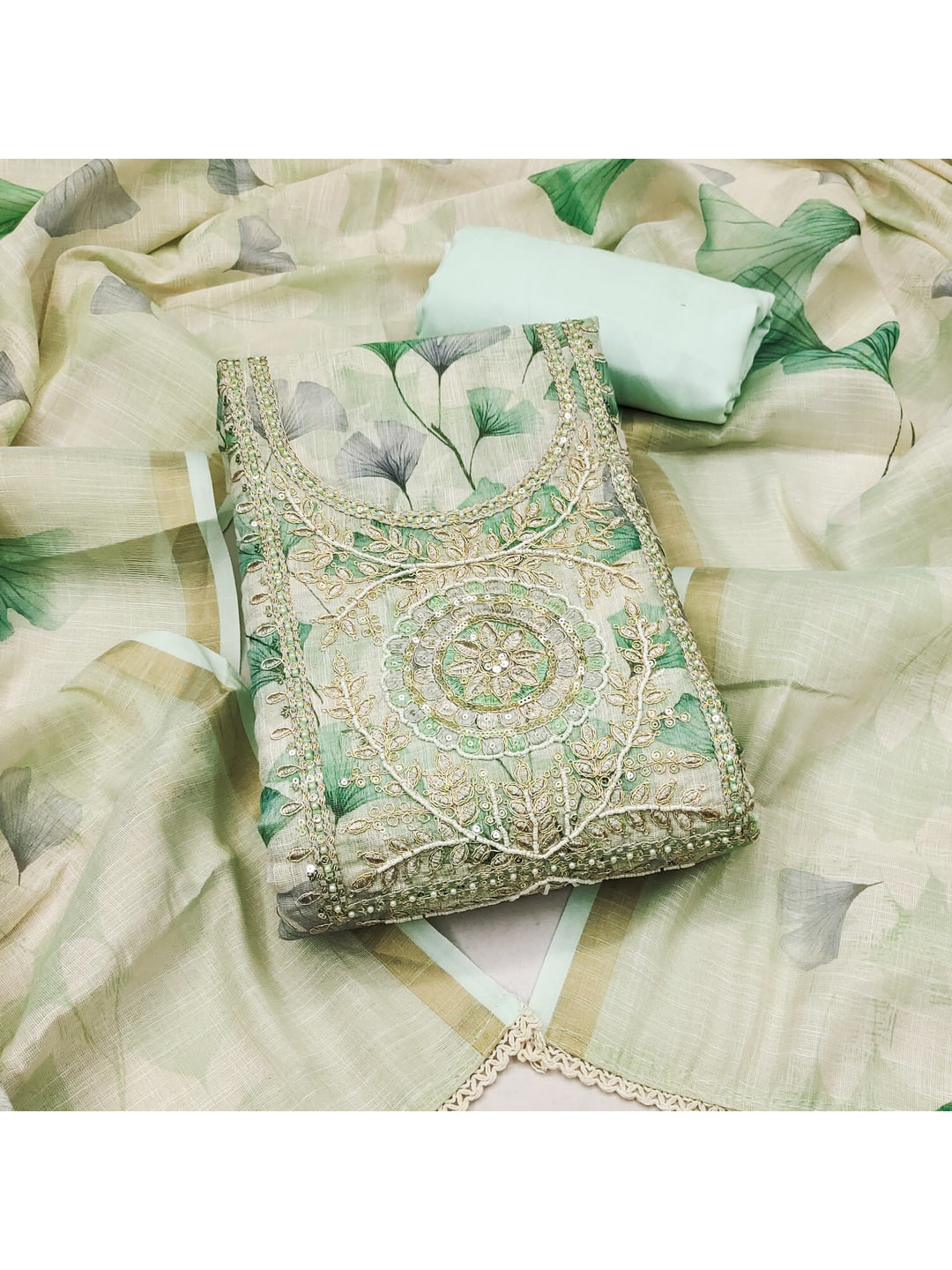 Peachmode Sea Green Pure Cotton Lilian Dress Material with Embroidered Dupatta - Image 1