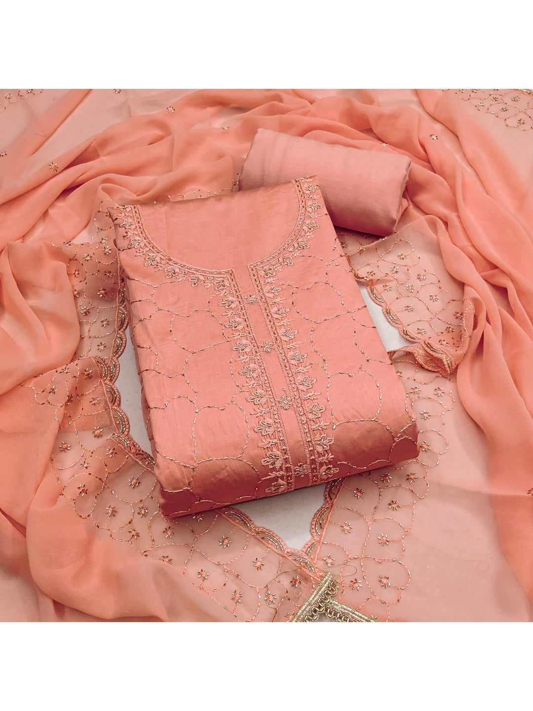 Peachmode Peach Jam Cotton Dress Material with Embroidered Dupatta - Image 1