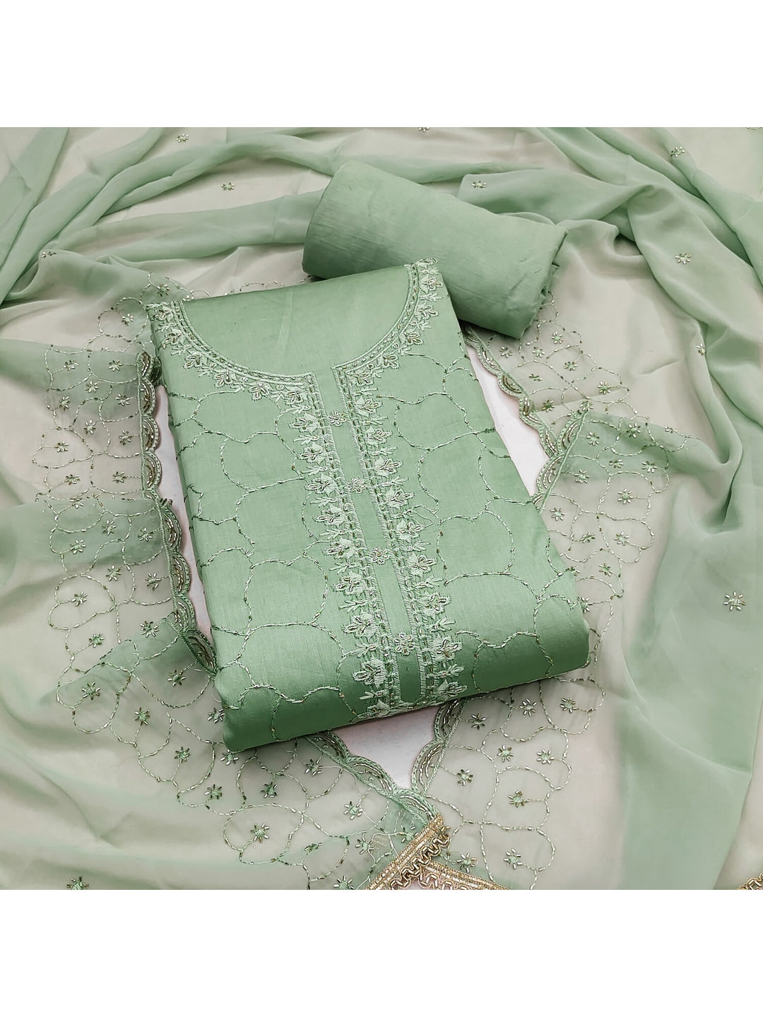 Peachmode Sea Green Jam Cotton Dress Material with Embroidered Dupatta - Image 1