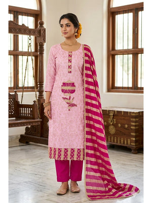 Peachmode Pink Jam Cotton Dress Material with Embroidered Dupatta - Image 1