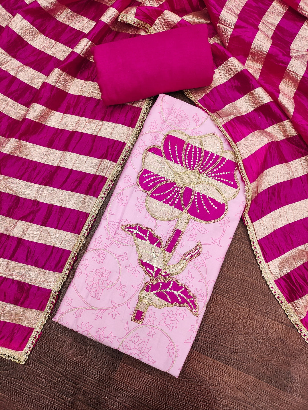 Peachmode Pink Jam Cotton Dress Material with Embroidered Dupatta - Image 1