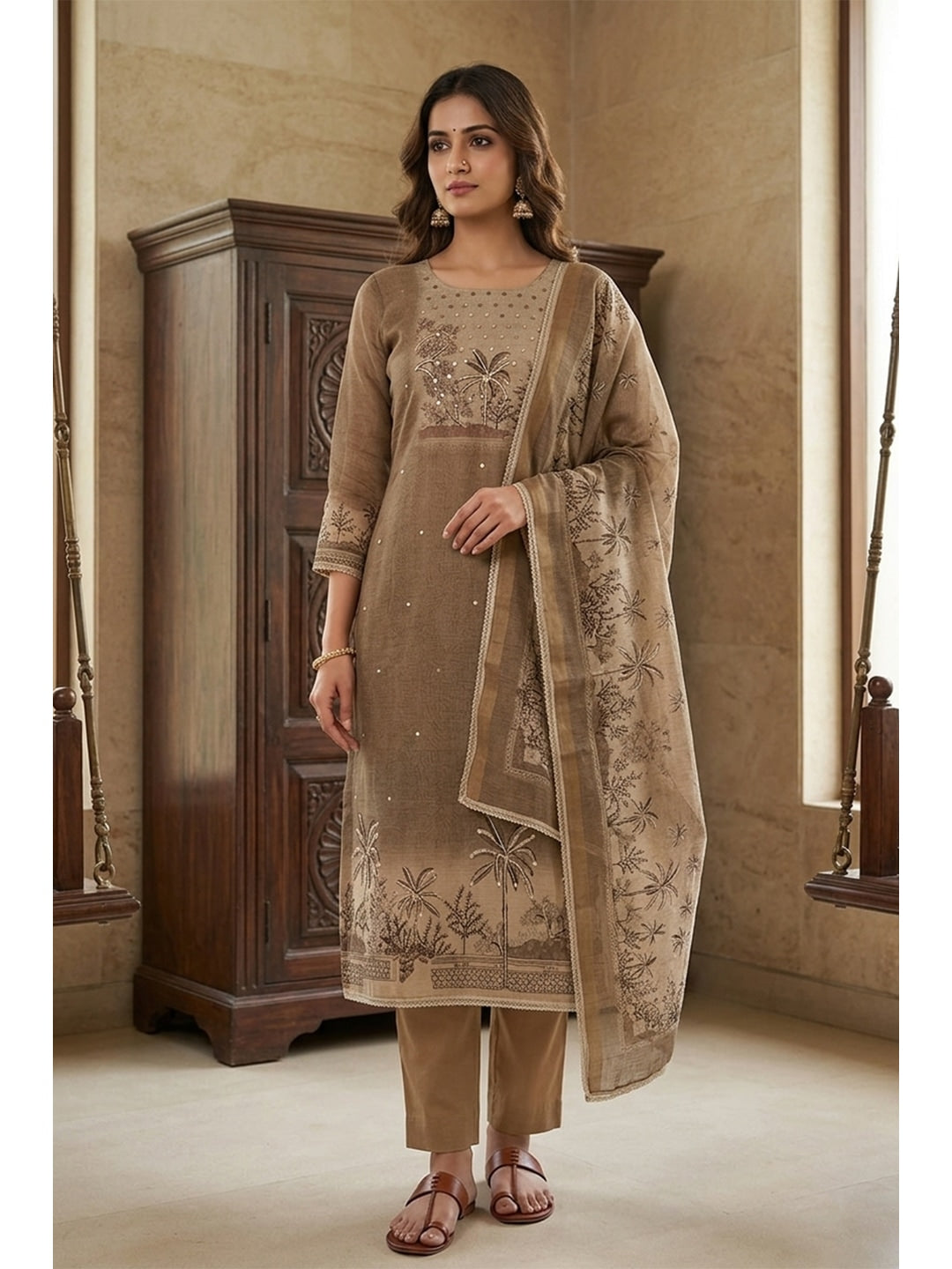 Peachmode Khaki Pure Cotton Lilian Dress Material with Embroidered Dupatta - Image 1