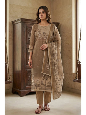 Peachmode Khaki Pure Cotton Lilian Dress Material with Embroidered Dupatta - Image 1