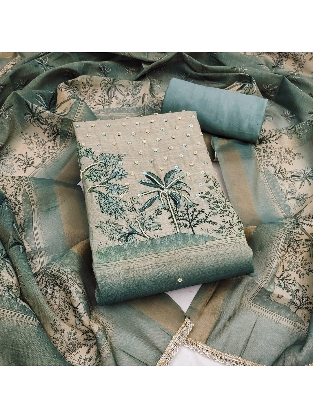Peachmode Sea Green Pure Cotton Lilian Dress Material with Embroidered Dupatta - Image 1