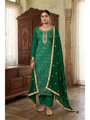 Peachmode Green Jam Cotton Dress Material with Embroidered Dupatta - Image 1