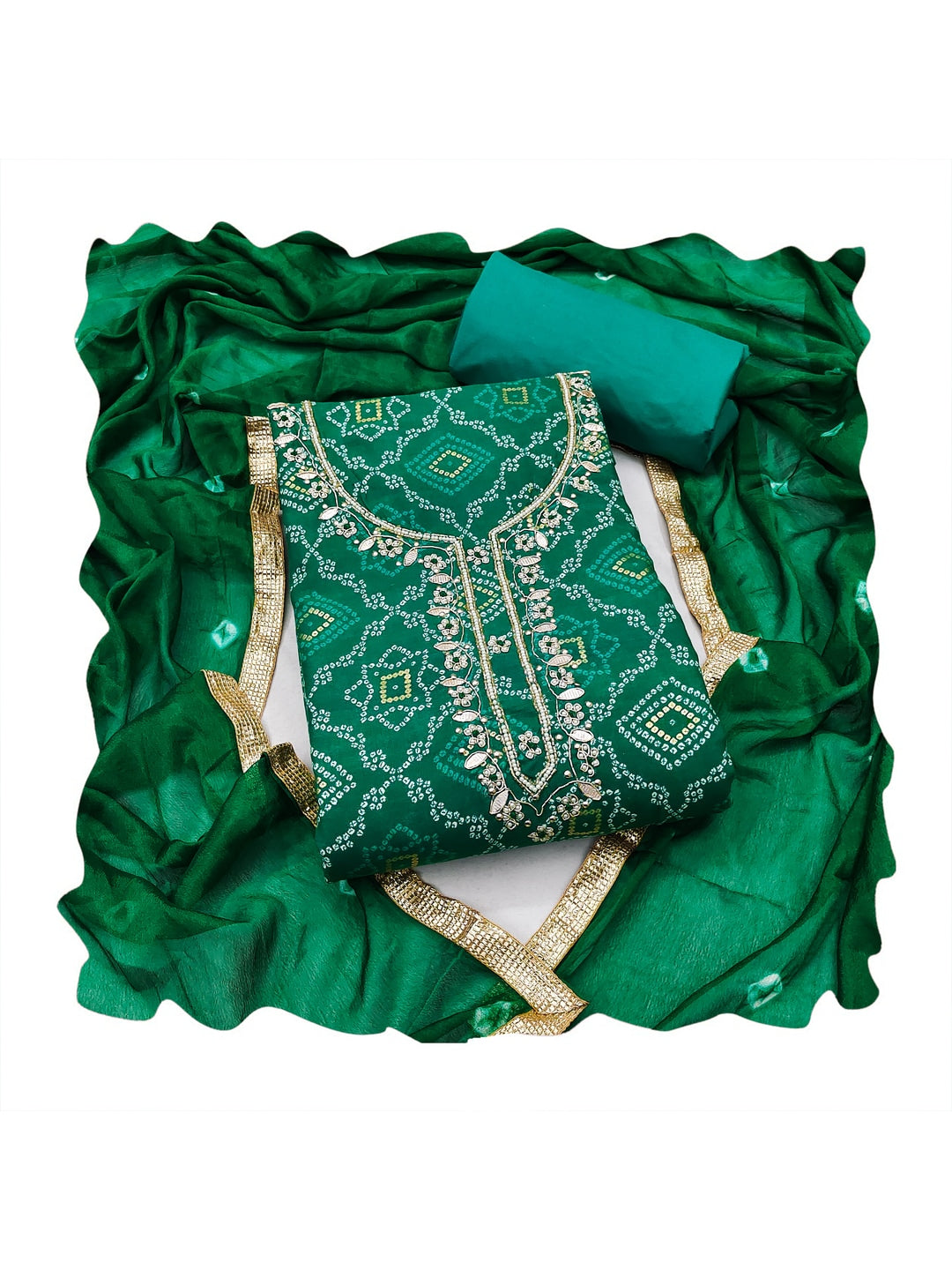 Peachmode Green Jam Cotton Dress Material with Embroidered Dupatta - Image 1