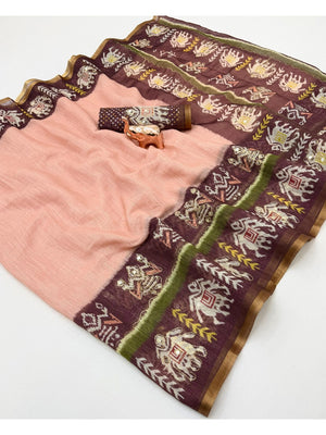 Peachmode Peach Linen Saree with Digital Print and Zari Work - Image 2