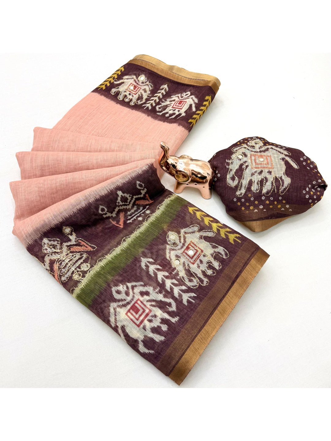 Peachmode Peach Linen Saree with Digital Print and Zari Work - Image 3