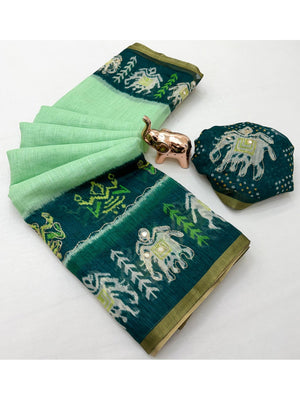 Peachmode Green Linen Saree with Digital Print and Zari Work - Image 2
