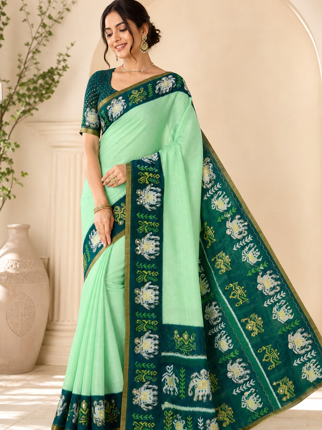 Peachmode Green Linen Saree with Digital Print and Zari Work - Image 1
