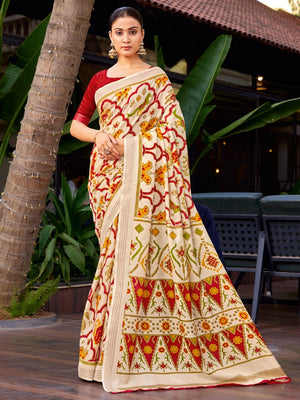 Cream Tussar Silk Saree with Elegant Ikkat Motifs - Image 1