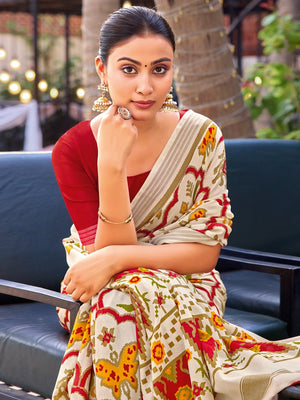Cream Tussar Silk Saree with Elegant Ikkat Motifs - Image 2