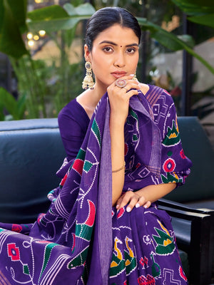 Elegant Violet Tussar Silk Saree with Traditional Ikkat Motifs - Image 2