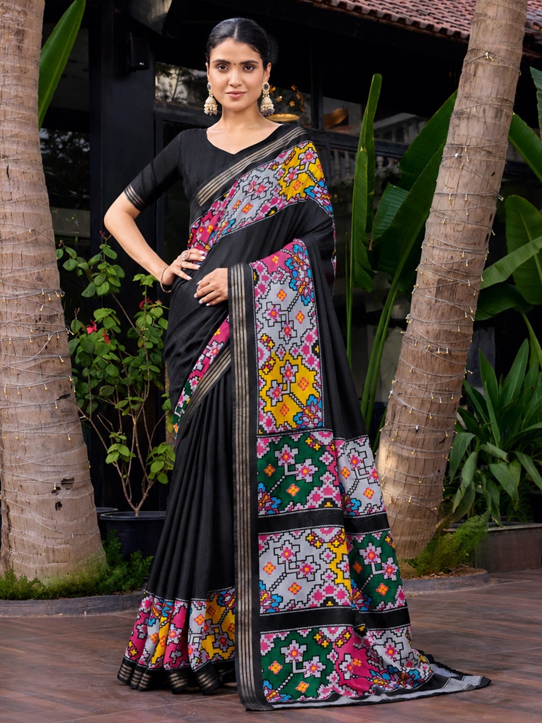 Black Tussar Silk Saree with Elegant Ikkat Motifs Modern Style - Image 1