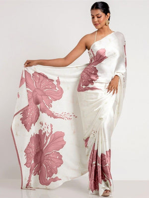 White & Wine Floral Digital Printed Satin Saree With Modern Work Design - Image 1