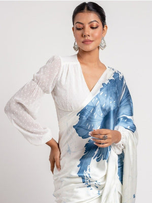 White & Blue Floral Digital Printed Satin Saree With Modern Work Design - Image 2