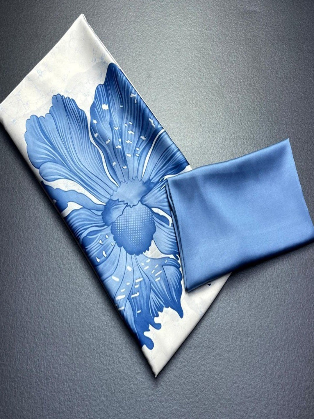 White & Blue Floral Digital Printed Satin Saree With Modern Work Design - Image 4