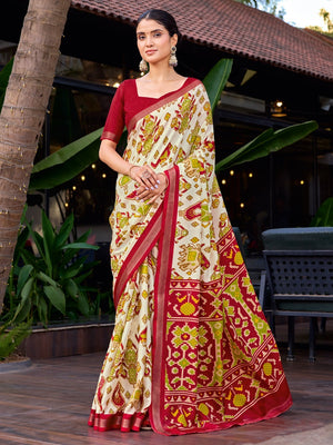 Cream Tussar Silk Saree with Elegant Ikkat Motifs - Image 1