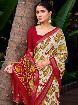 Cream Tussar Silk Saree with Elegant Ikkat Motifs - Image 2