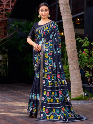 Navy Blue Tussar Silk Saree with Elegant Ikkat Motifs Modern Style - Image 1