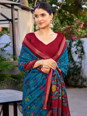 Teal Tussar Silk Saree with Elegant Ikkat Motifs and Modern Styling - Image 2