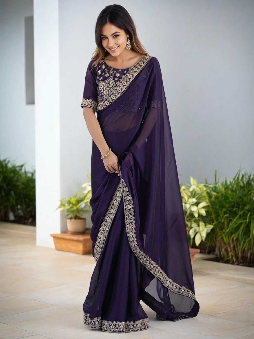 Exclusive Purple Shimmer Party Wear Saree with Sequins Work Lace Border - Image 1