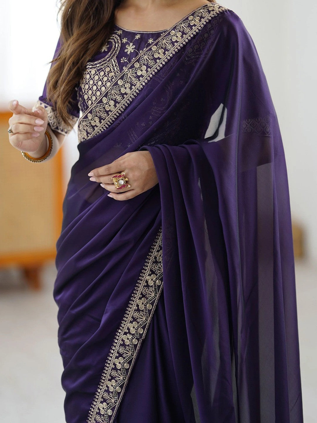 Exclusive Purple Shimmer Party Wear Saree with Sequins Work Lace Border - Image 2