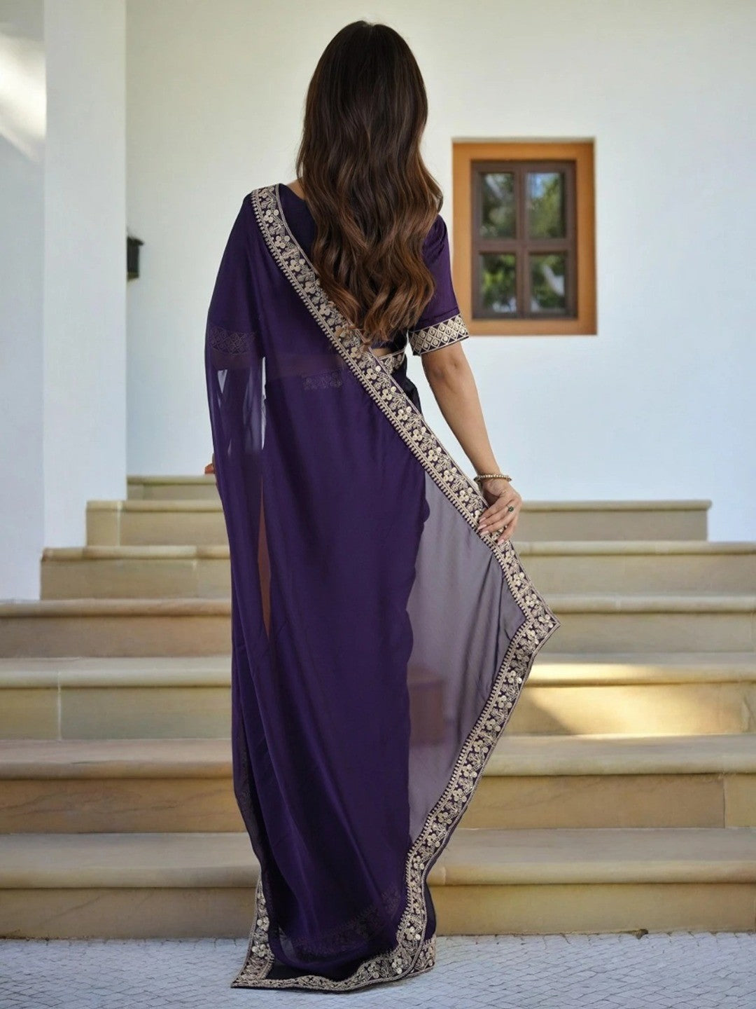 Exclusive Purple Shimmer Party Wear Saree with Sequins Work Lace Border - Image 3