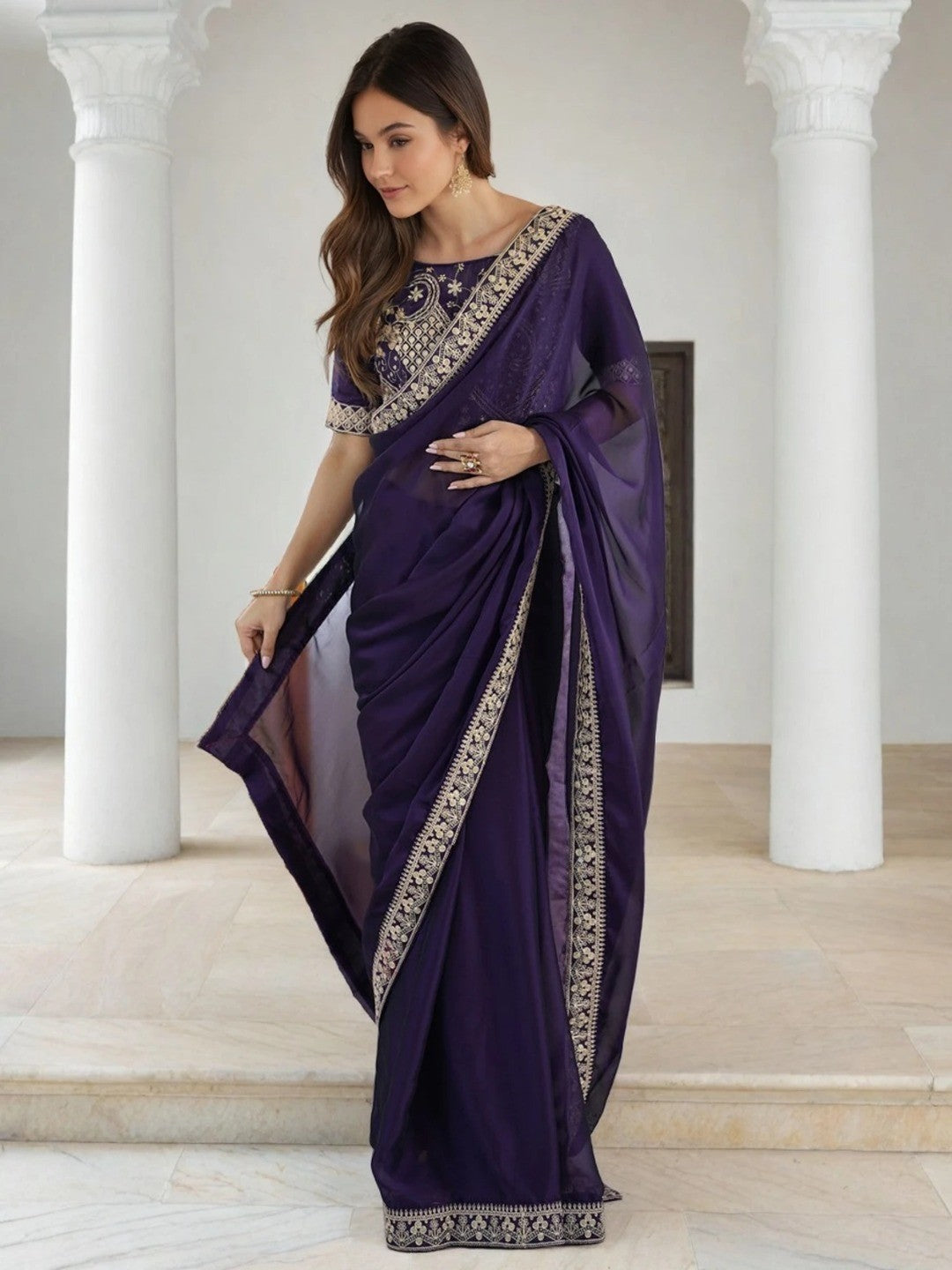 Exclusive Purple Shimmer Party Wear Saree with Sequins Work Lace Border - Image 4