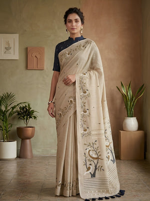 Peachmode Beige Linen Saree with mirror work - Image 1