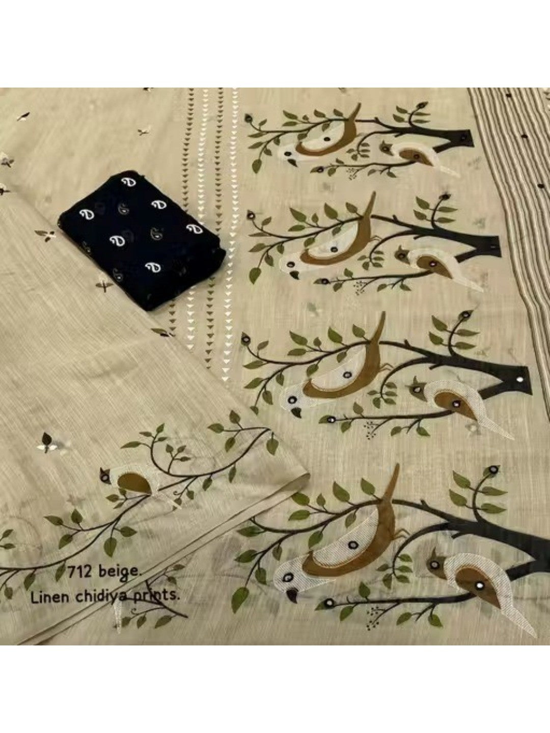 Peachmode Beige Linen Saree with mirror work - Image 2