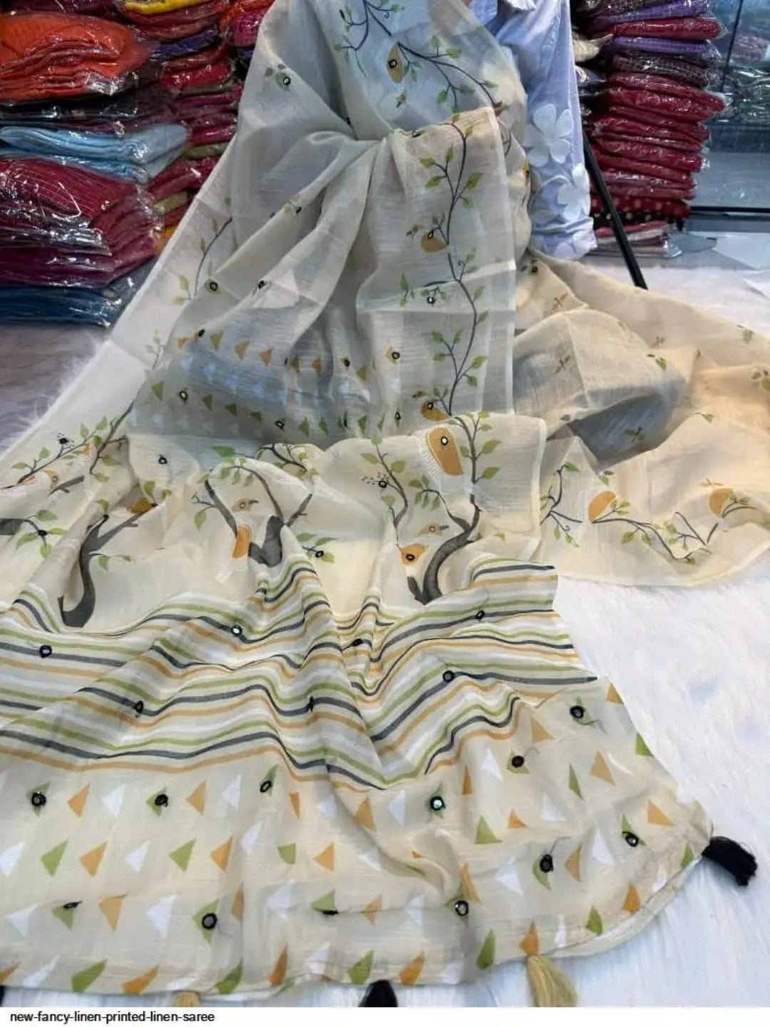 Peachmode Beige Linen Saree with mirror work - Image 4