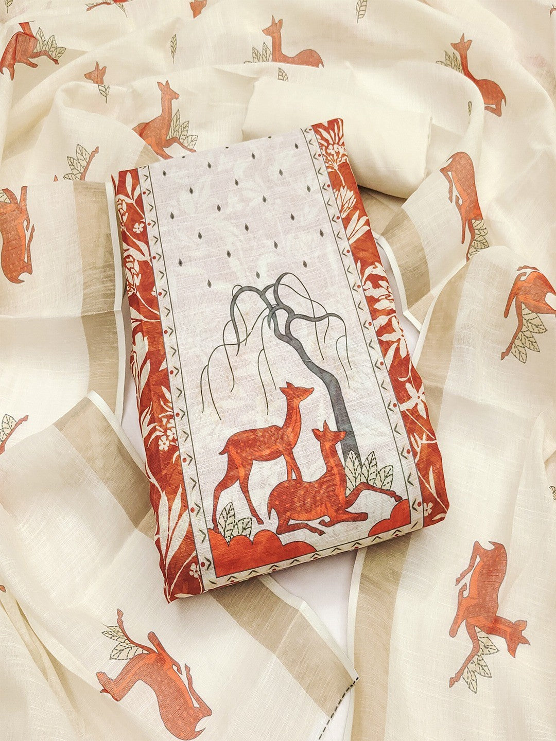 Cream & Rust Linen Dress Material with Printed Design Soft Festive Style - Image 1
