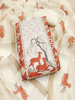 Cream & Rust Linen Dress Material with Printed Design Soft Festive Style - Image 1
