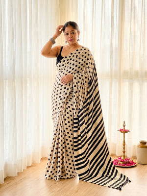 Classic Black & White Polka Printed Silk Crepe Saree Featuring Striped Pallu Design - Image 1