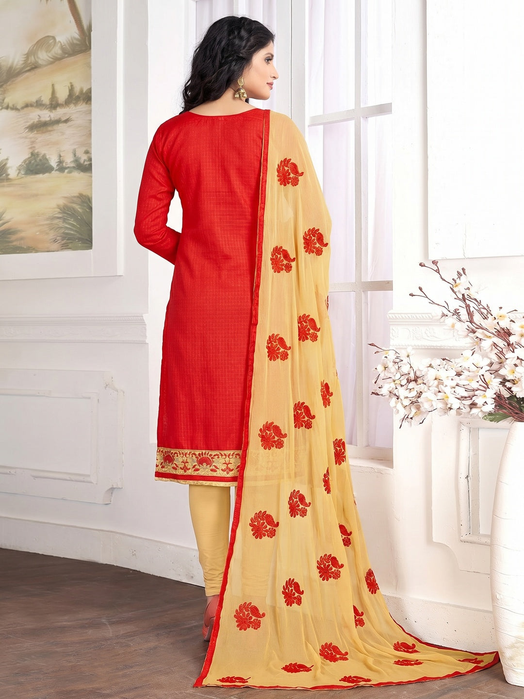Gleaming Red Colored Partywear Embroidered Cotton Suit - Image 2
