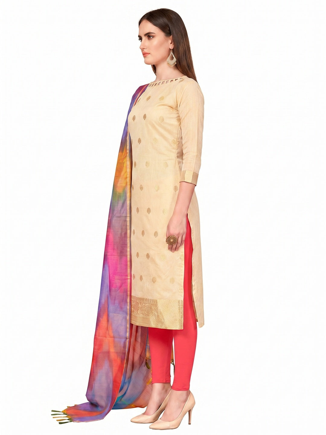 Gorgeous Cream Colored Casual Wear Woven Banarasi Silk Dress Material - Image 4