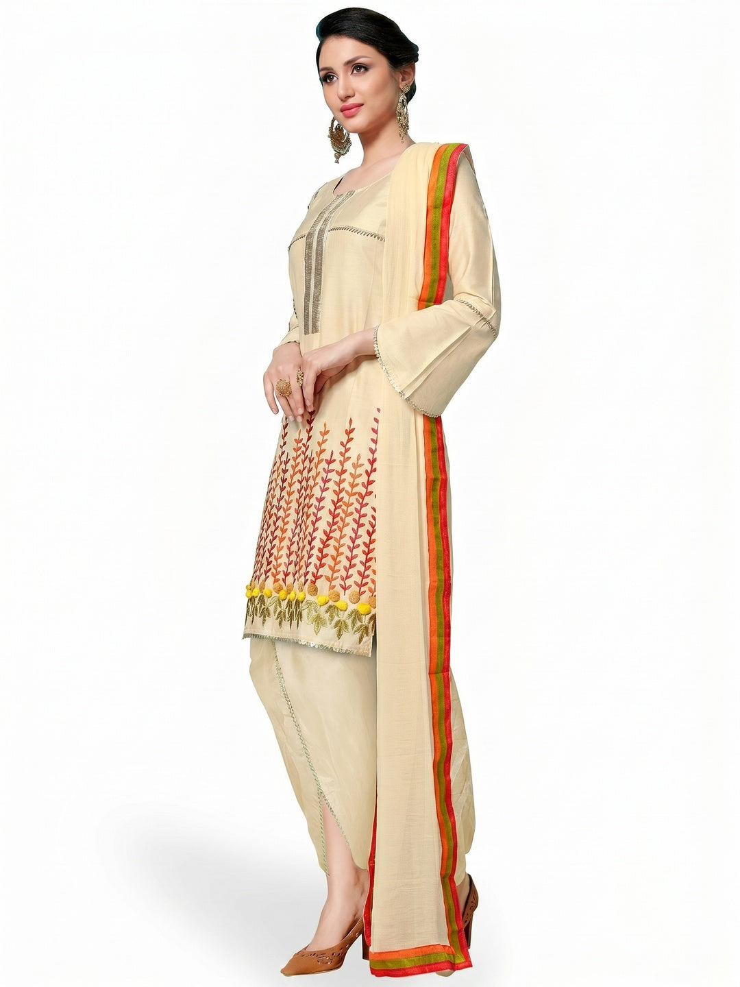 Attractive Cream Colored Partywear Embroidered Cotton Dress Material - Image 1