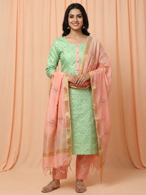 Demanding Green Colored Festive Wear Woven Heavy Banarasi Silk Dress Material - Image 1