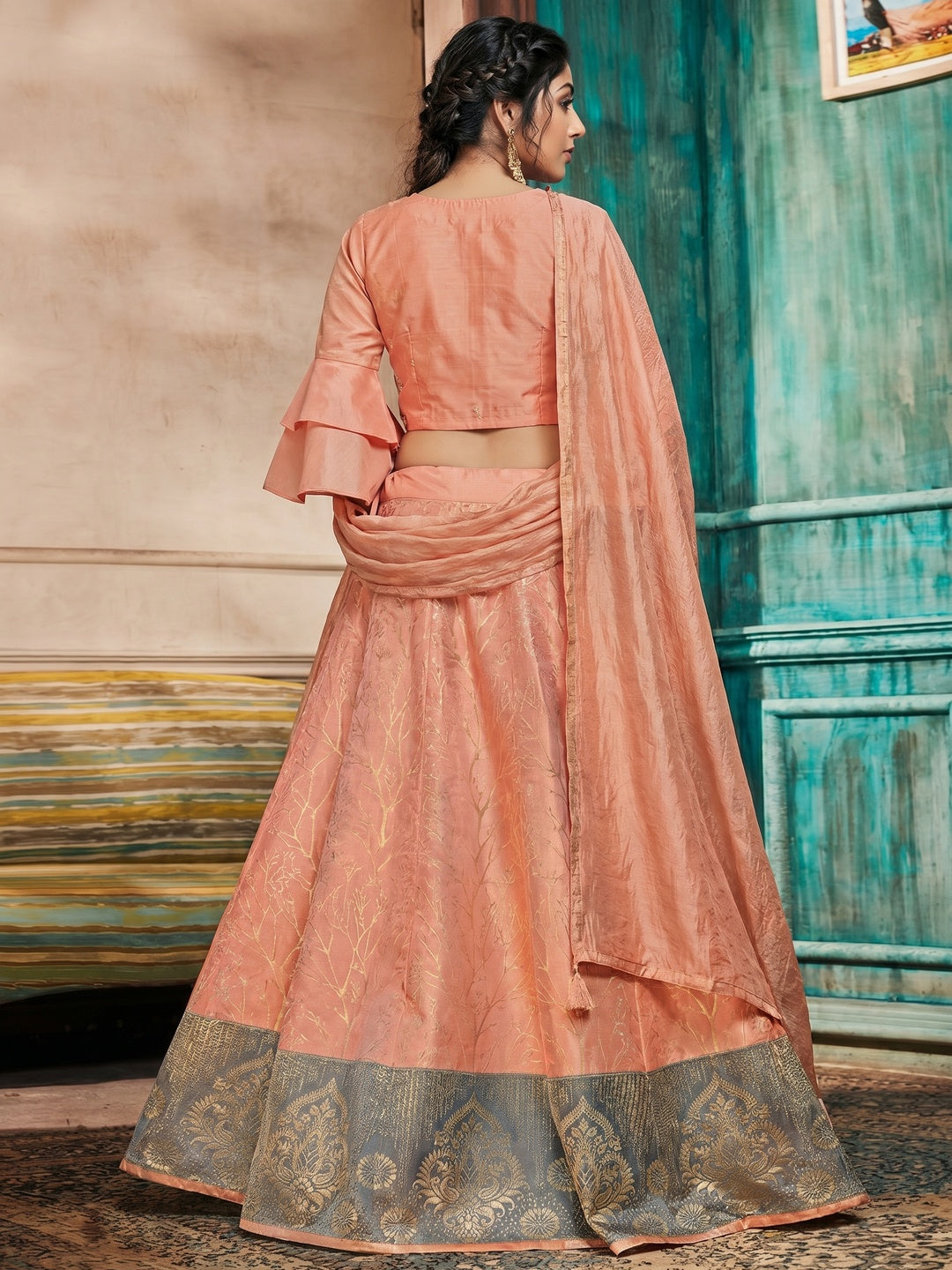 Amazing Peach Colored Partywear Embroidery Banarasi Silk Lehenga Choli - Image 1
