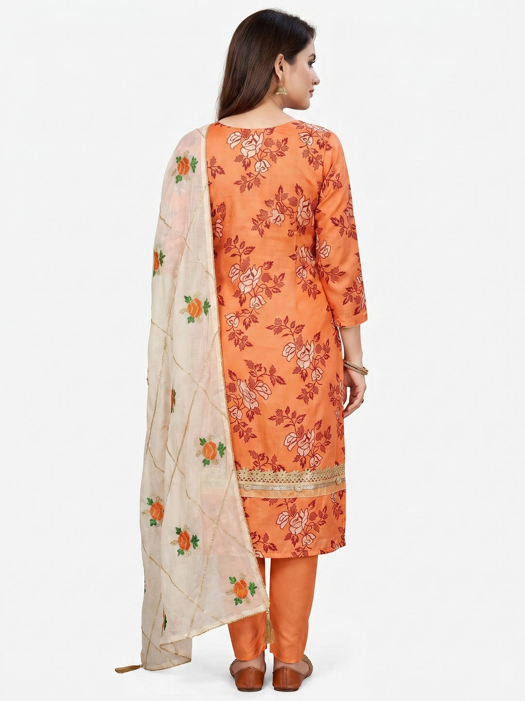 Prominent Orange Colored Casual Wear Printed Modal Silk Dress Material - Image 2