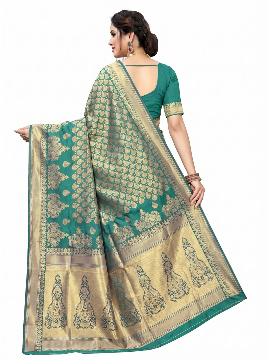 Amazing Turquoise Green Colored Festive Wear Woven Silk Saree - Image 1