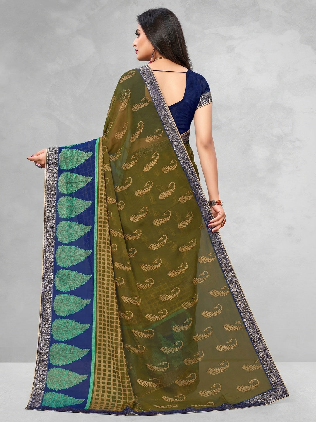 Glowing Olive Green Colored Casual Wear Printed Brasso Saree - Image 1